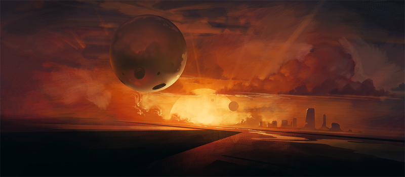 Illustration for article titled An airship emerges from the reddish clouds of dawn